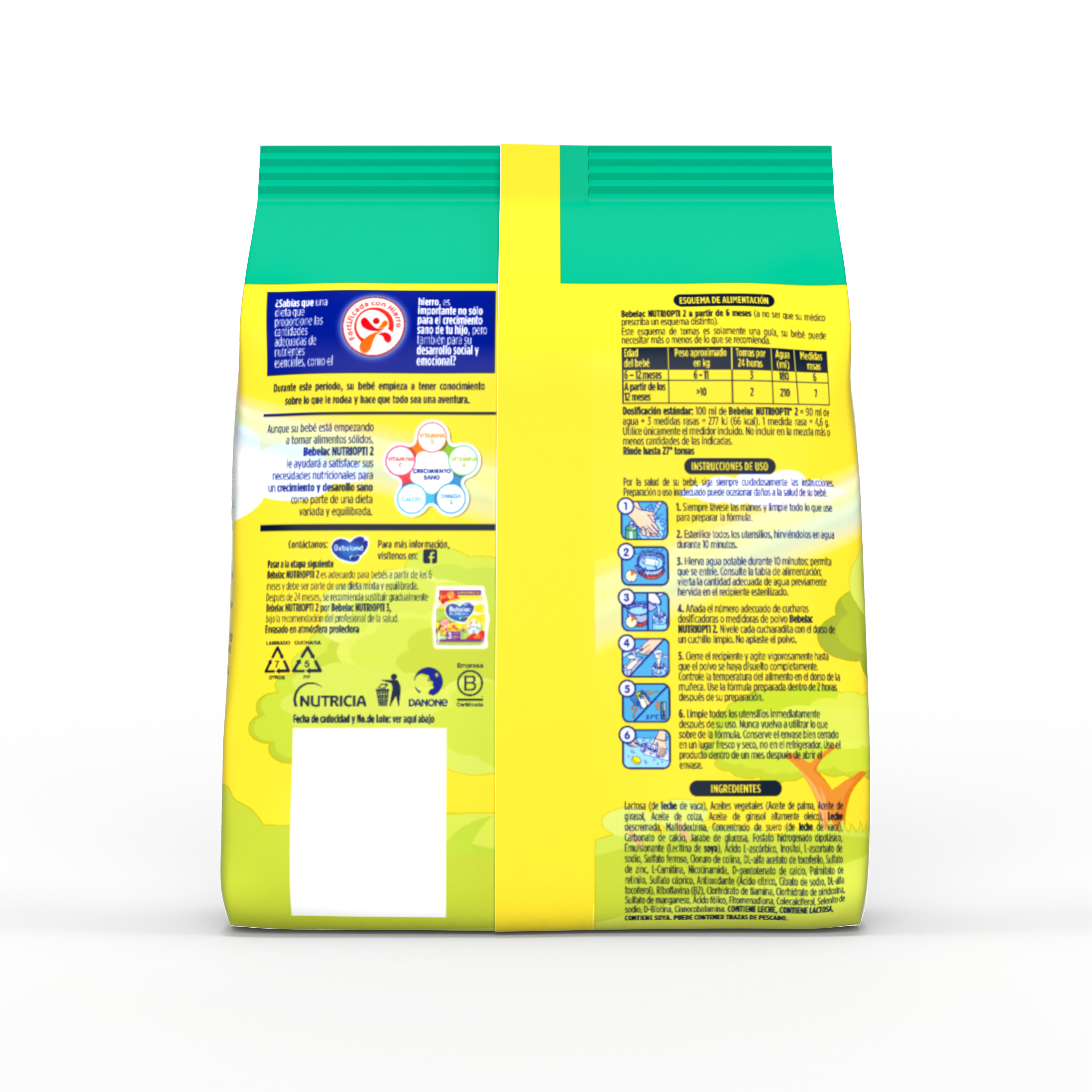 Bebelac NUTRIOPTI 2 fórmula de seguimiento en polvo para bebés a partir de 6 meses bolsa amarillo verde 375 g - Bebeclub Bolivia