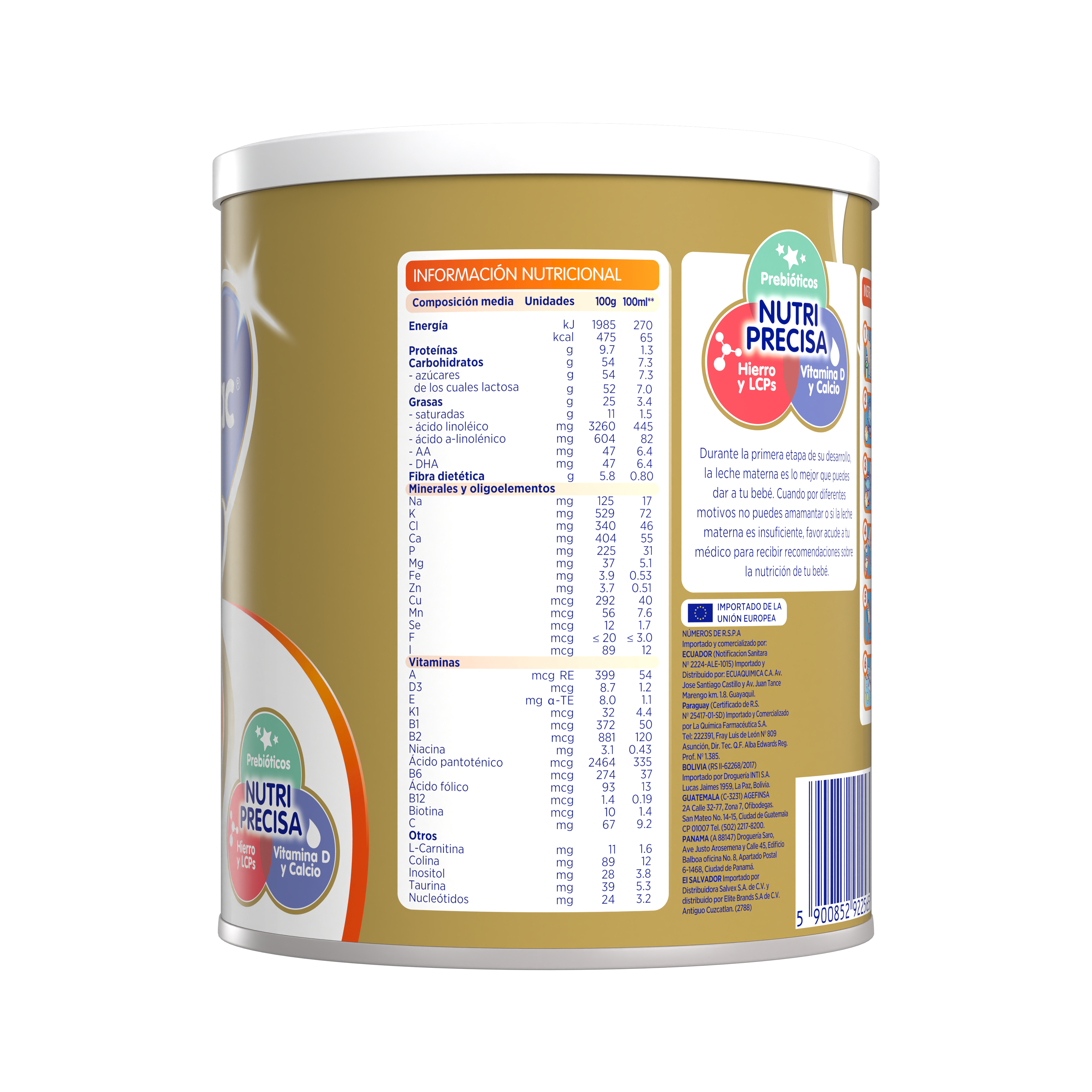 Bebelac Gold 1 Bebelac 1 fórmula láctea de inicio polvo para bebés 0 a 6 meses envase amarillo naranja 400g costado izquierdo - Bebeclub Ecuador