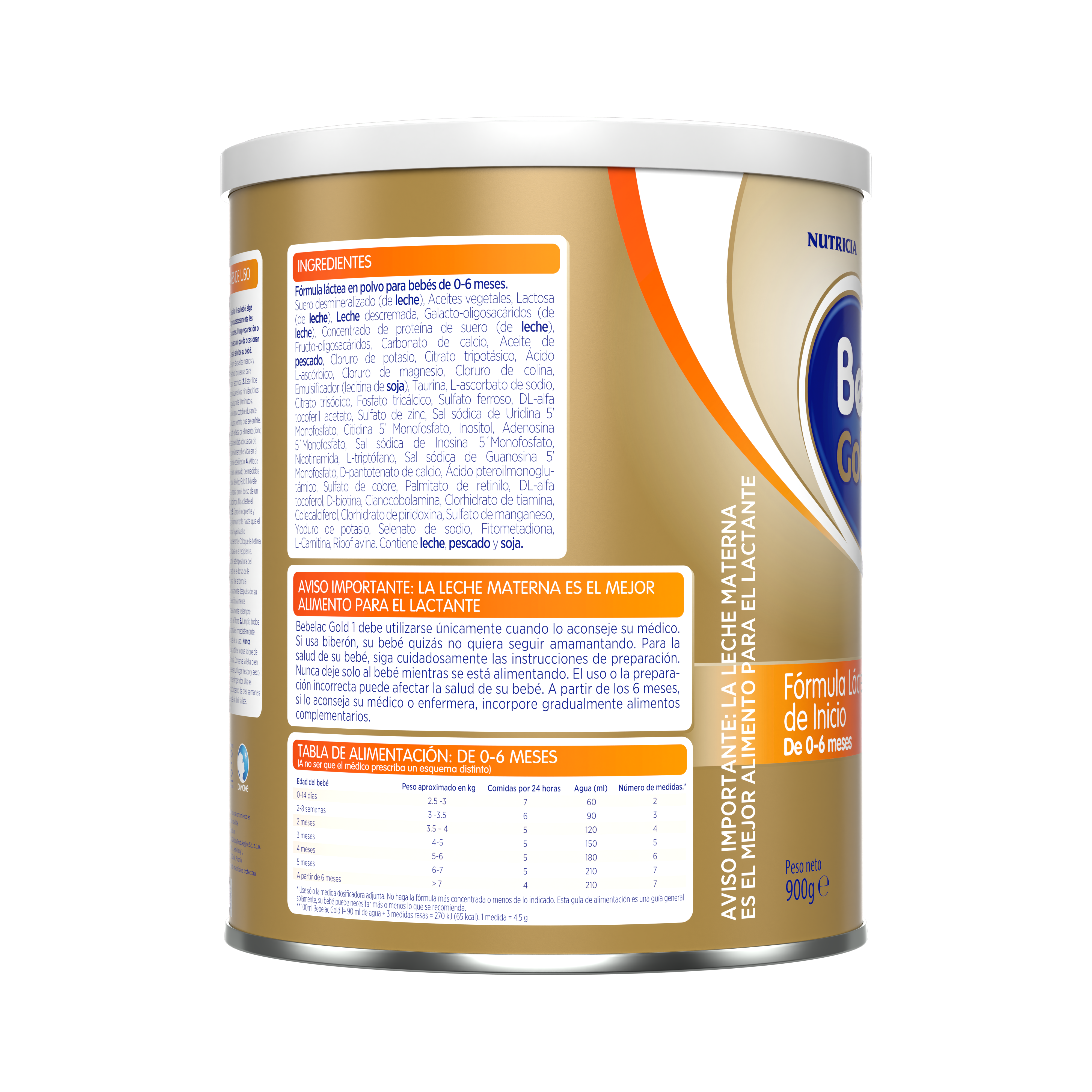 Bebelac Gold 1 Bebelac 1 fórmula láctea de inicio polvo para bebés 0 a 6 meses envase amarillo naranja 900g costado derecho - Bebeclub Ecuador