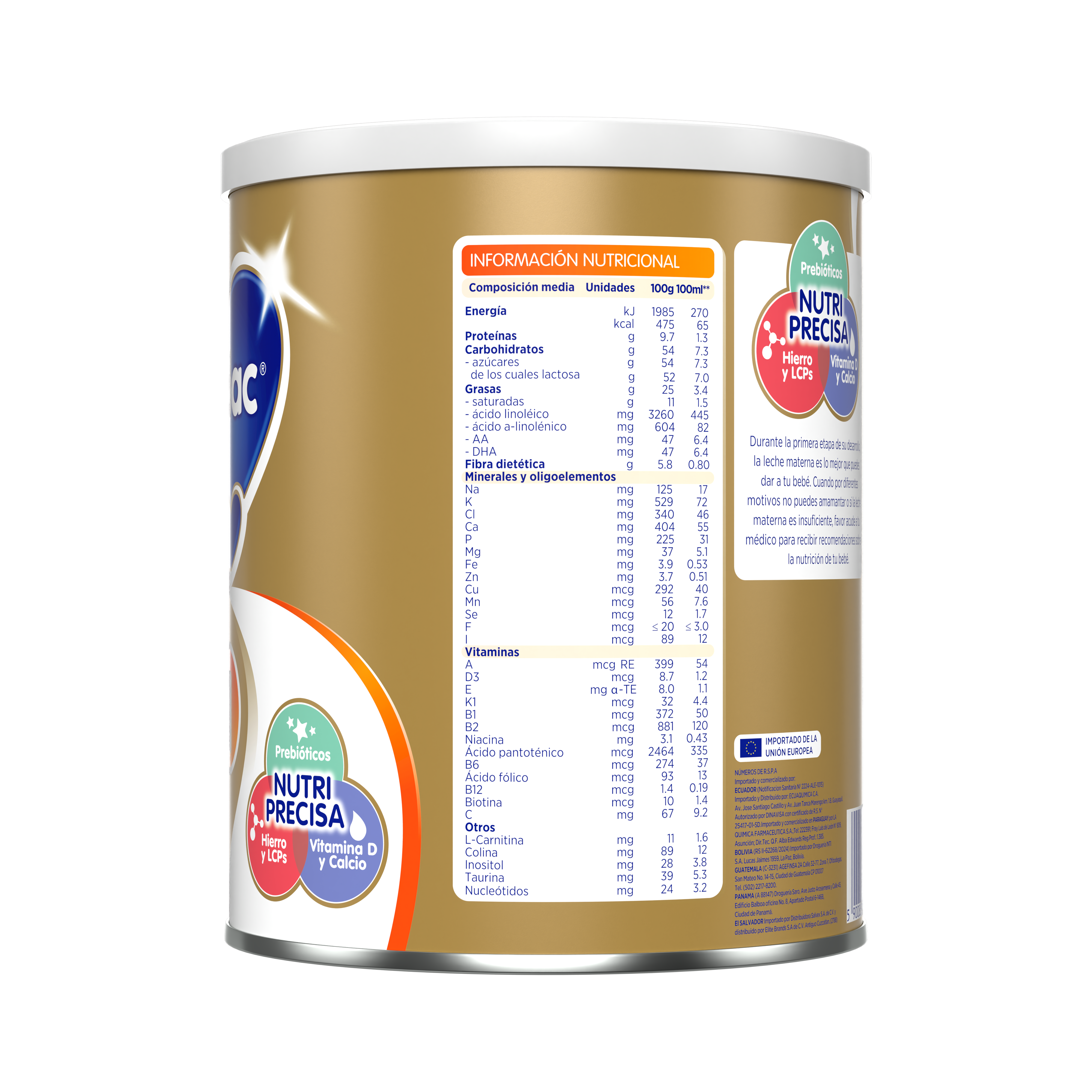 Bebelac Gold 1 Bebelac 1 fórmula láctea de inicio polvo para bebés 0 a 6 meses envase amarillo naranja 900g costado izquierdo - Bebeclub Ecuador