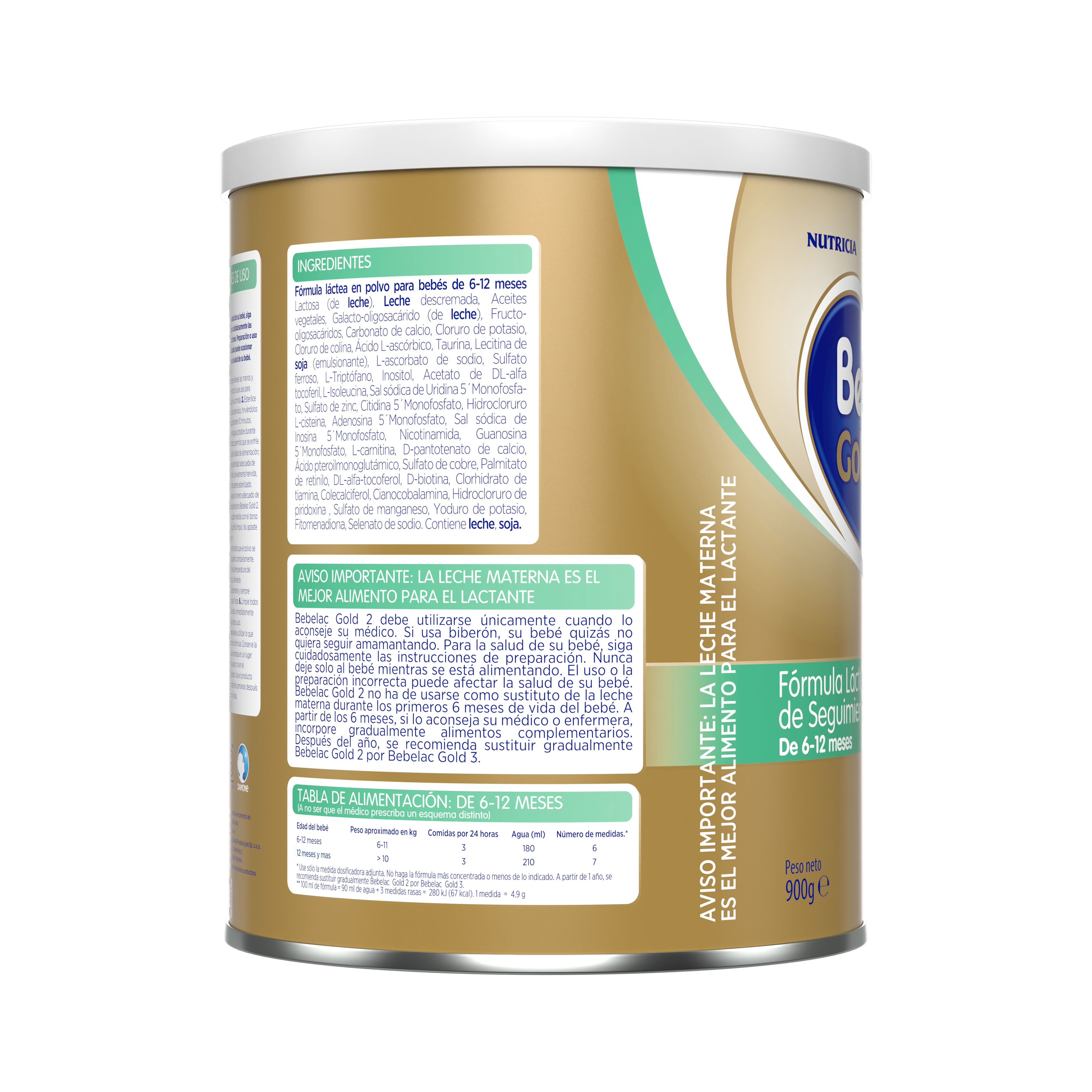 Bebelac Gold 2 Bebelac 2 fórmula láctea de seguimiento polvo para bebés 6 a 12 meses envase amarillo verde 900g costado derecho - Bebeclub Ecuador