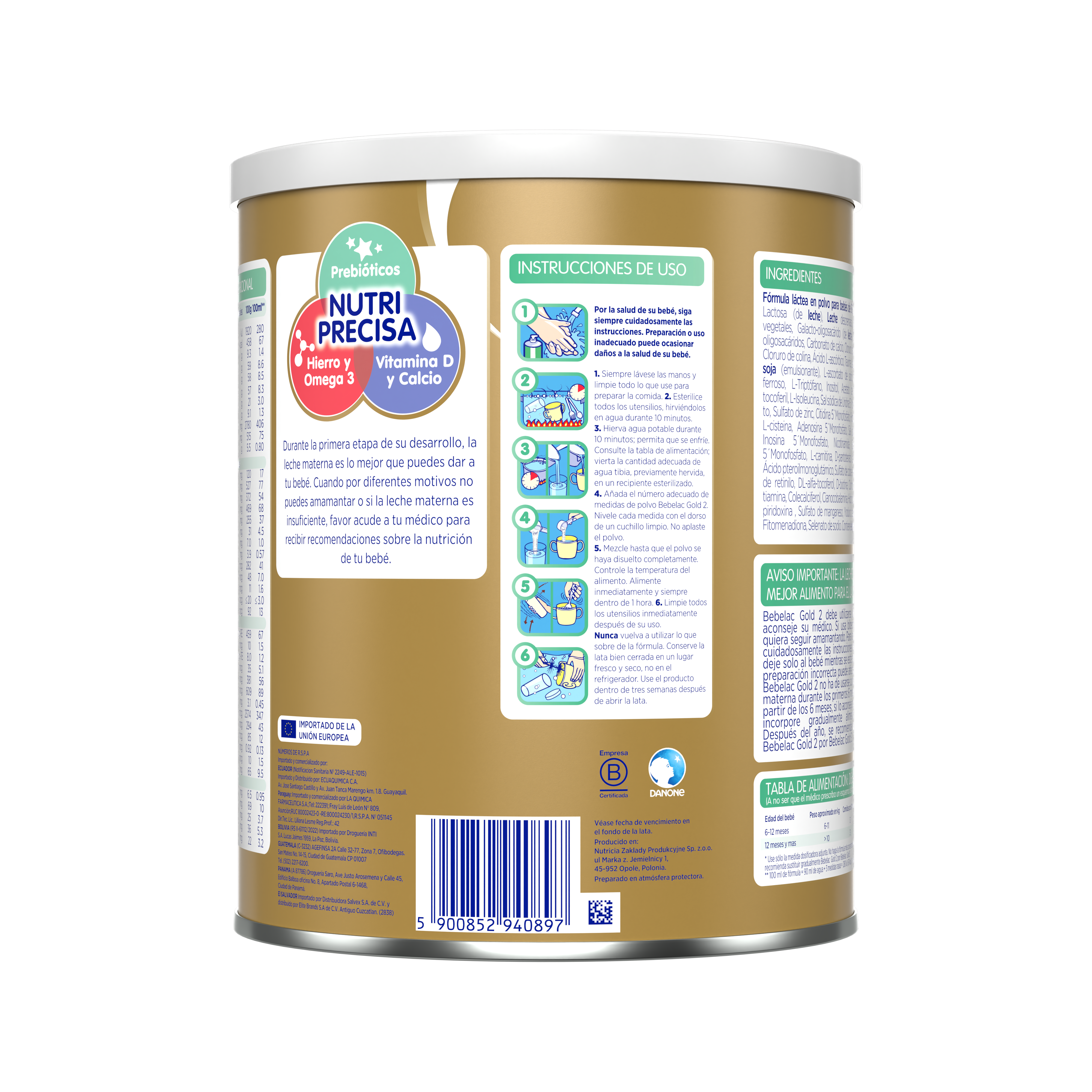 Bebelac Gold 2 Bebelac 2 fórmula láctea de seguimiento polvo para bebés 6 a 12 meses lata amarillo verde 900g  - Bebeclub Ecuador