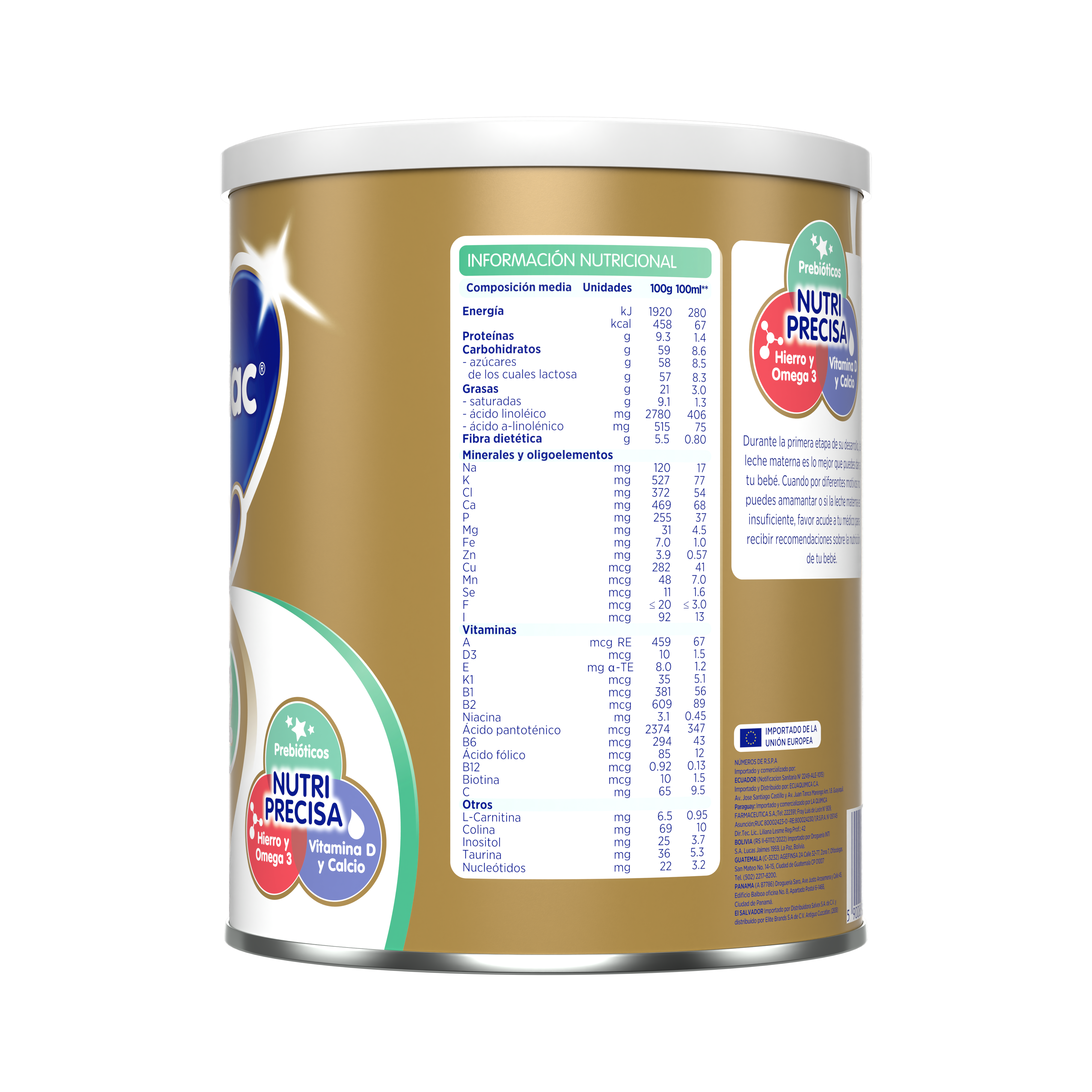 Bebelac Gold 2 Bebelac 2 fórmula láctea de seguimiento polvo para bebés 6 a 12 meses envase amarillo verde 900g costado izquierdo - Bebeclub Ecuador