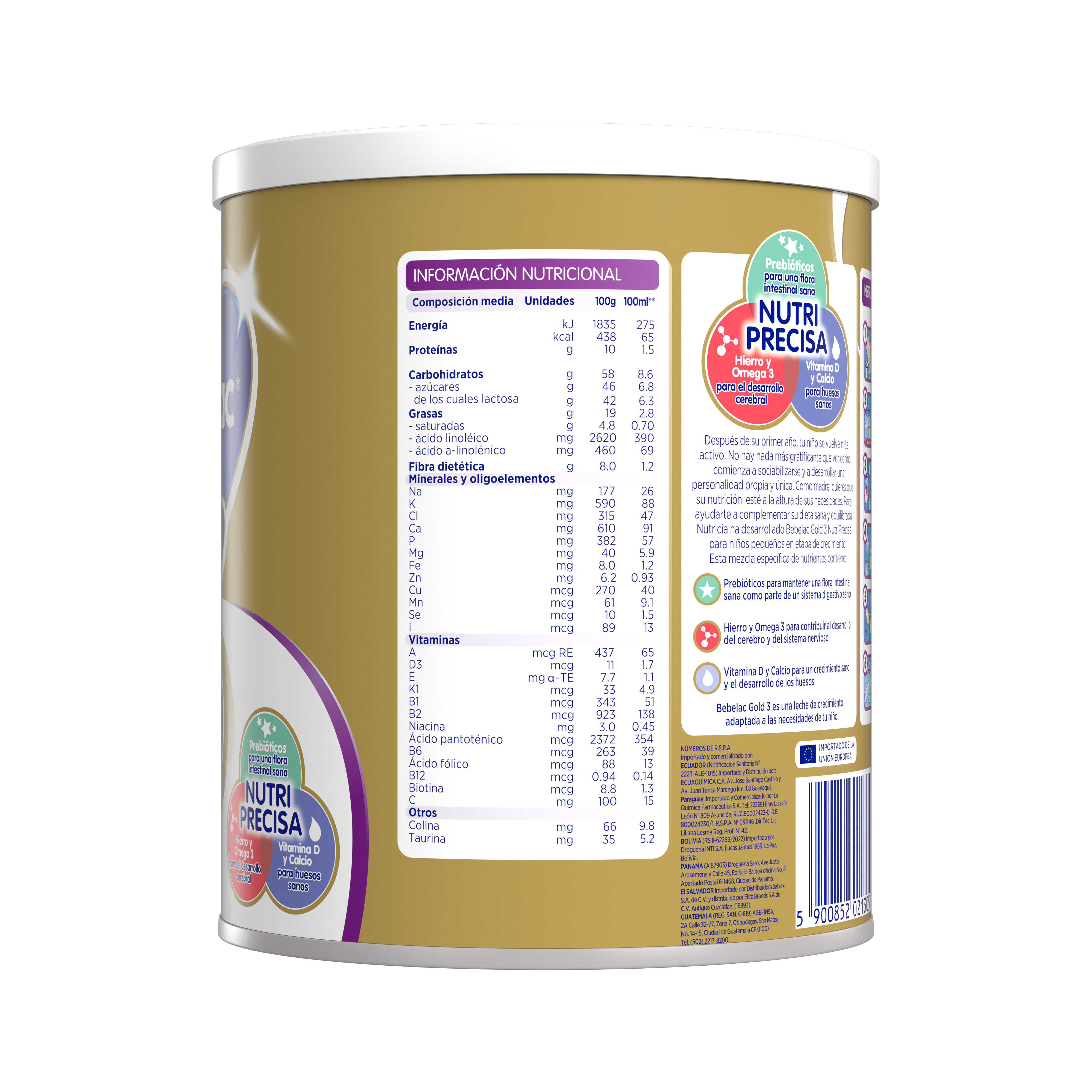Bebelac Gold 3 Bebelac 3 fórmula láctea de crecimento polvo para niños desde 12 meses  envase amarillo morado 400g costado izquierdo - Bebeclub Ecuador