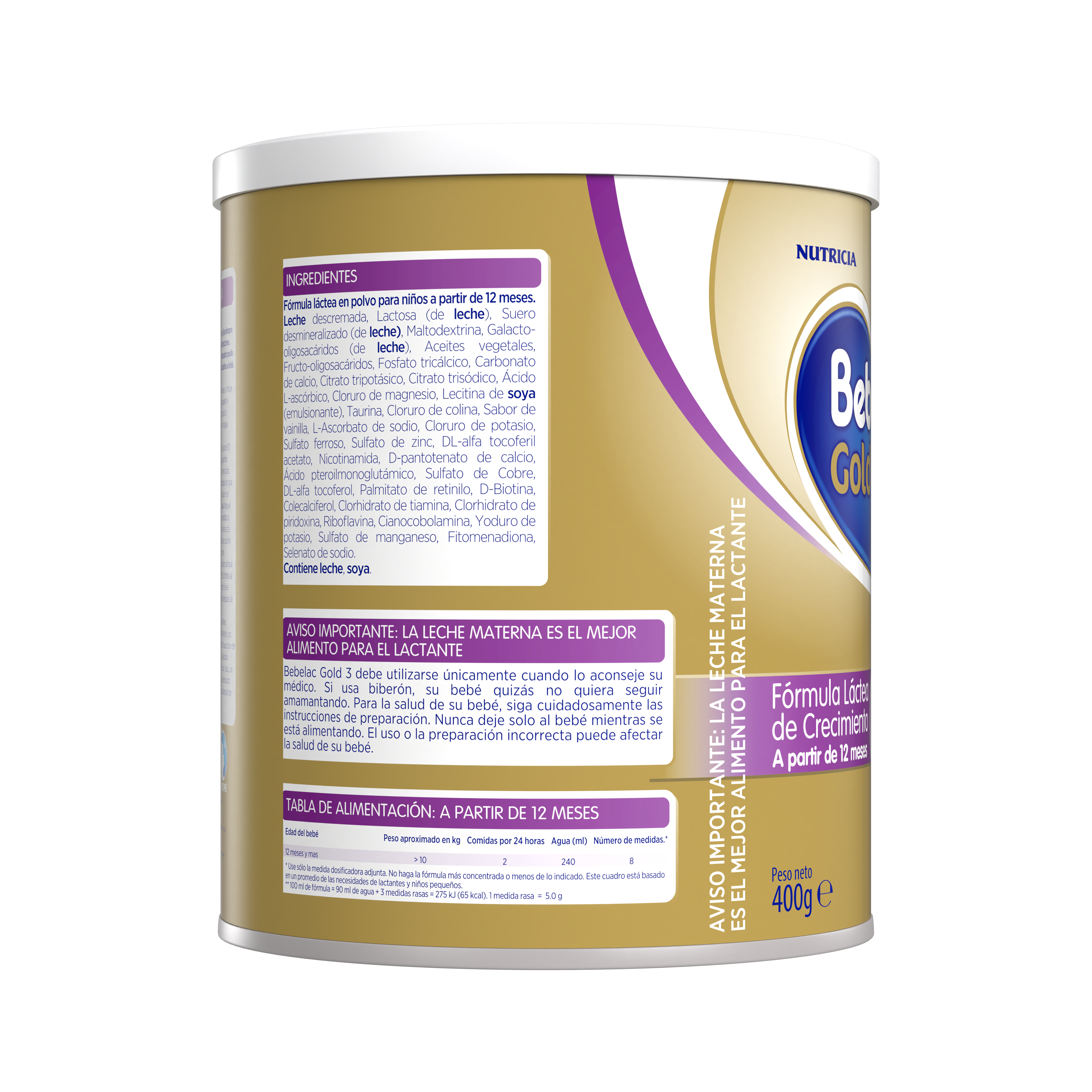 Bebelac Gold 3 Bebelac 3 fórmula láctea de crecimiento polvo para niños desde 12 meses envase amarillo morado 400g costado derecho - Bebeclub Ecuador