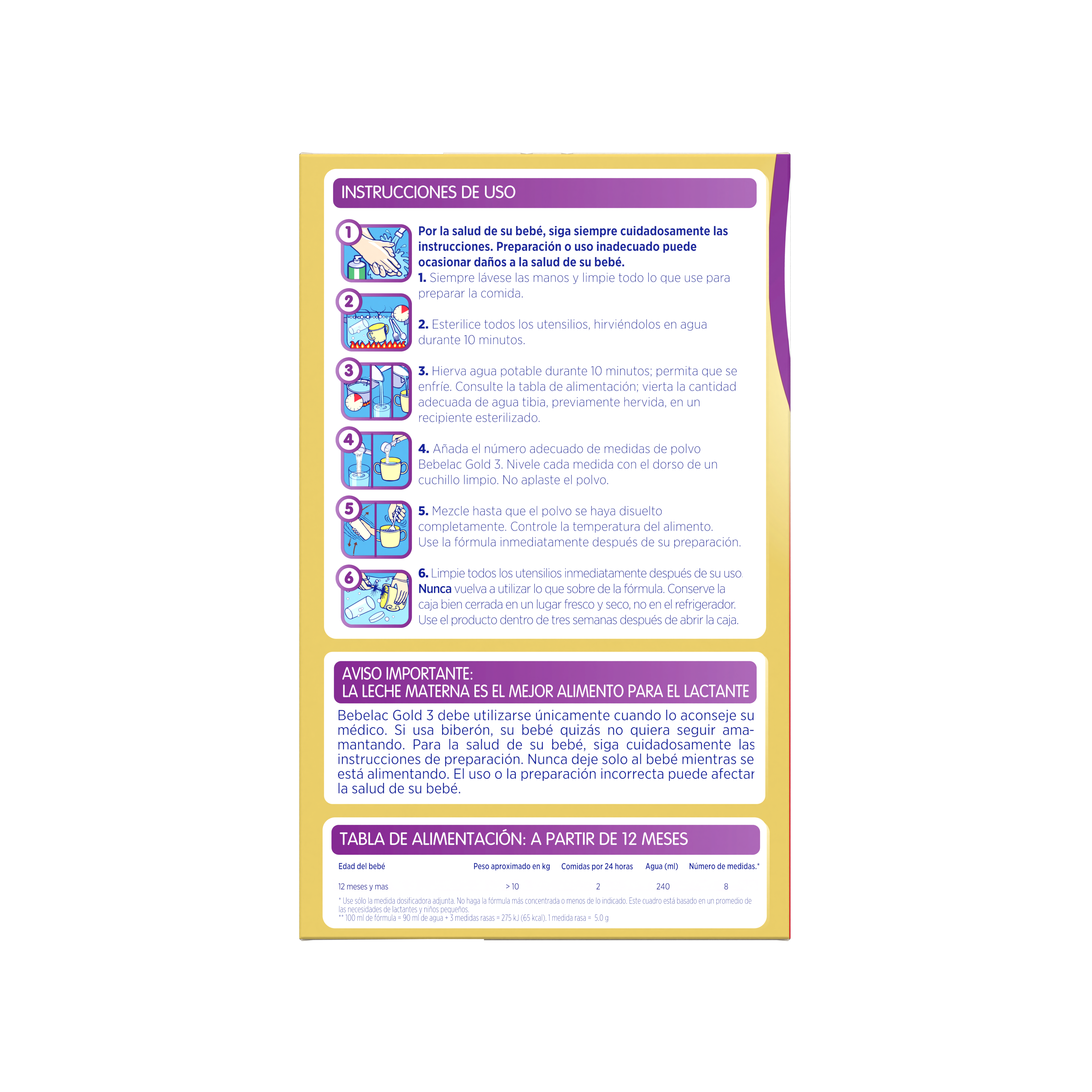 Bebelac Gold 3 Bebelac 3 fórmula láctea de crecimiento polvo para niños desde 12 meses envase amarillo morado 400g costado derecho - Bebeclub Ecuador