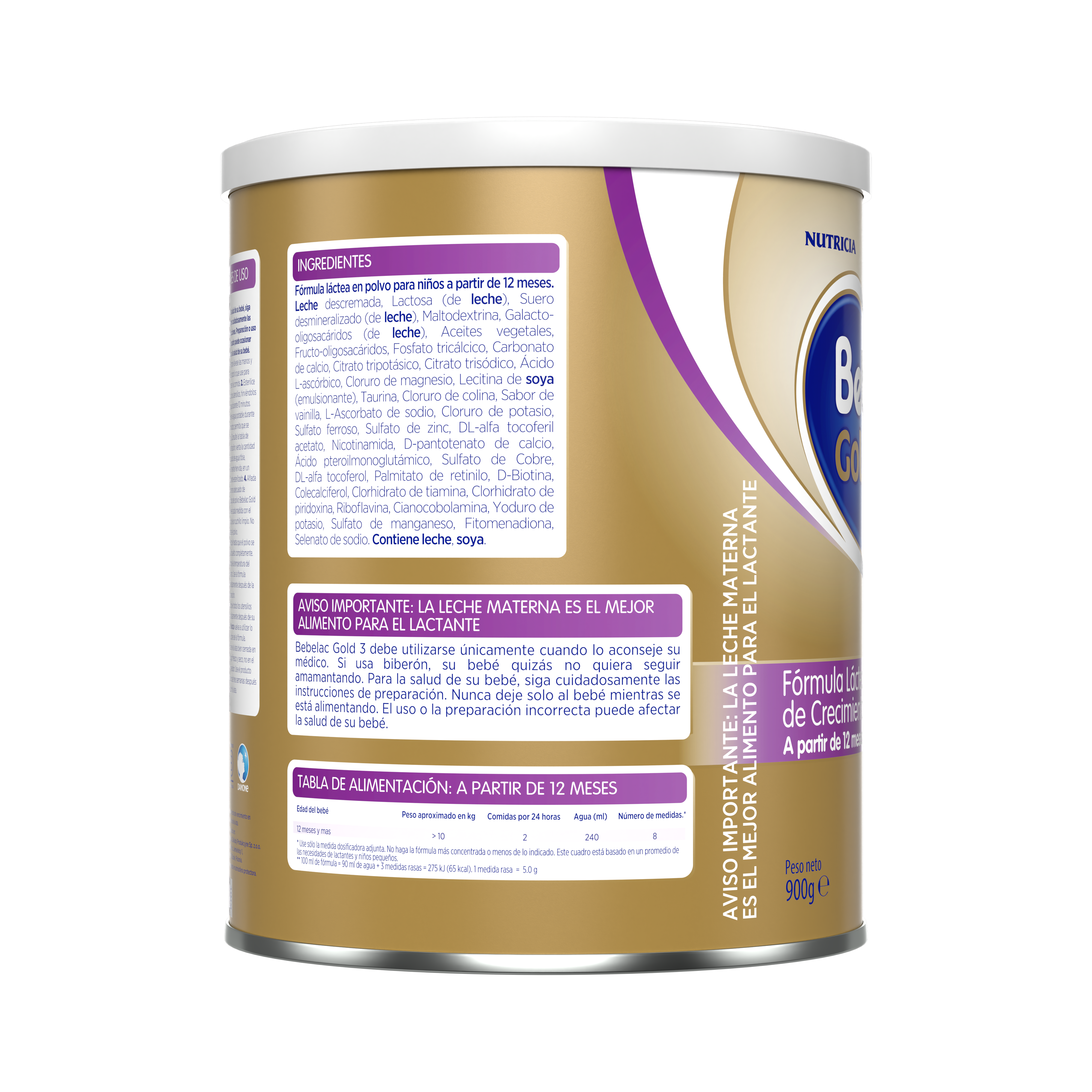 Bebelac Gold 3 Bebelac 3 fórmula láctea de crecimiento polvo para niños desde 12 meses envase amarillo morado 900g costado derecho - Bebeclub Ecuador