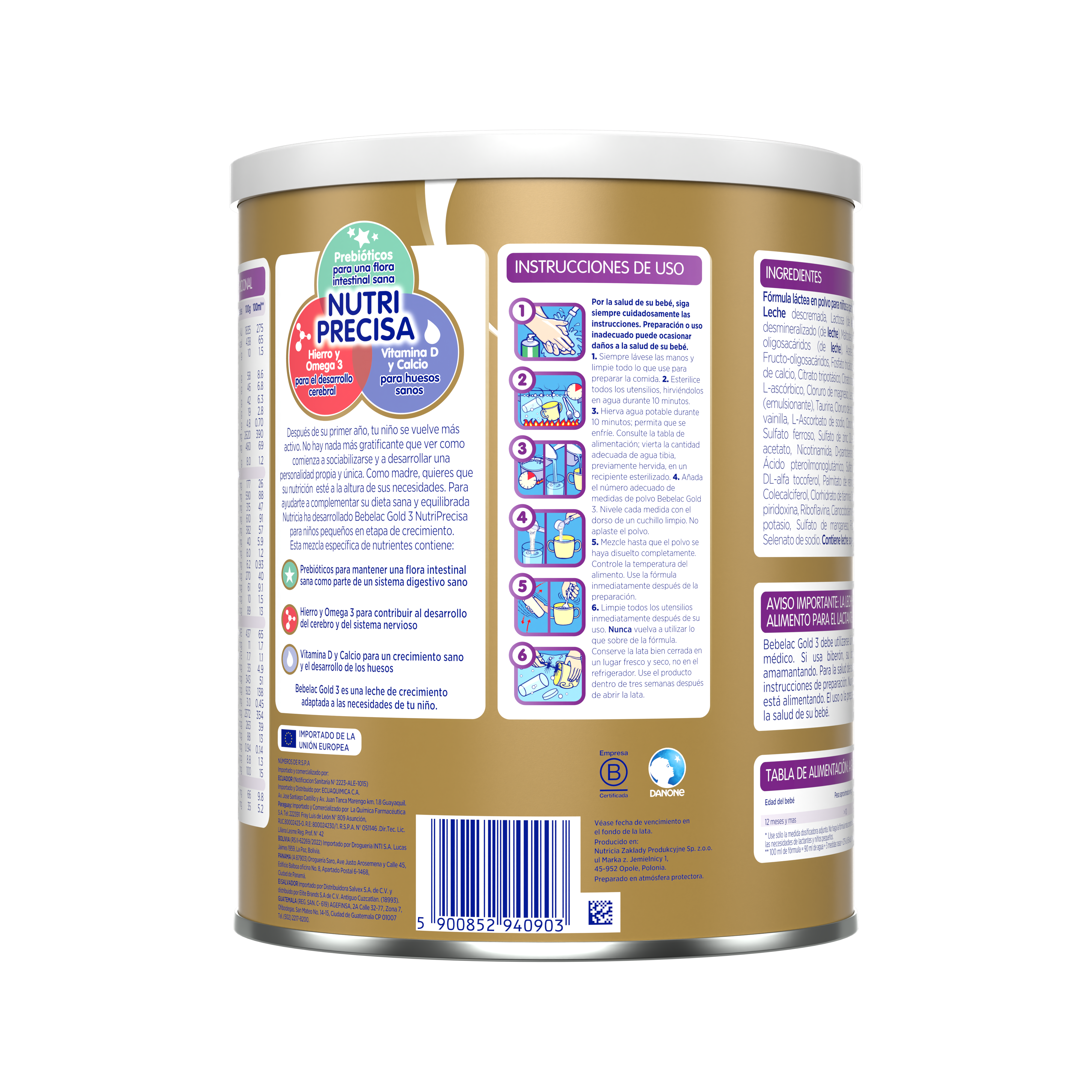 Bebelac Gold 3 Bebelac 3 fórmula láctea de crecimiento polvo para niños desde 12 meses  lata amarillo morado 900g  - Bebeclub Ecuador