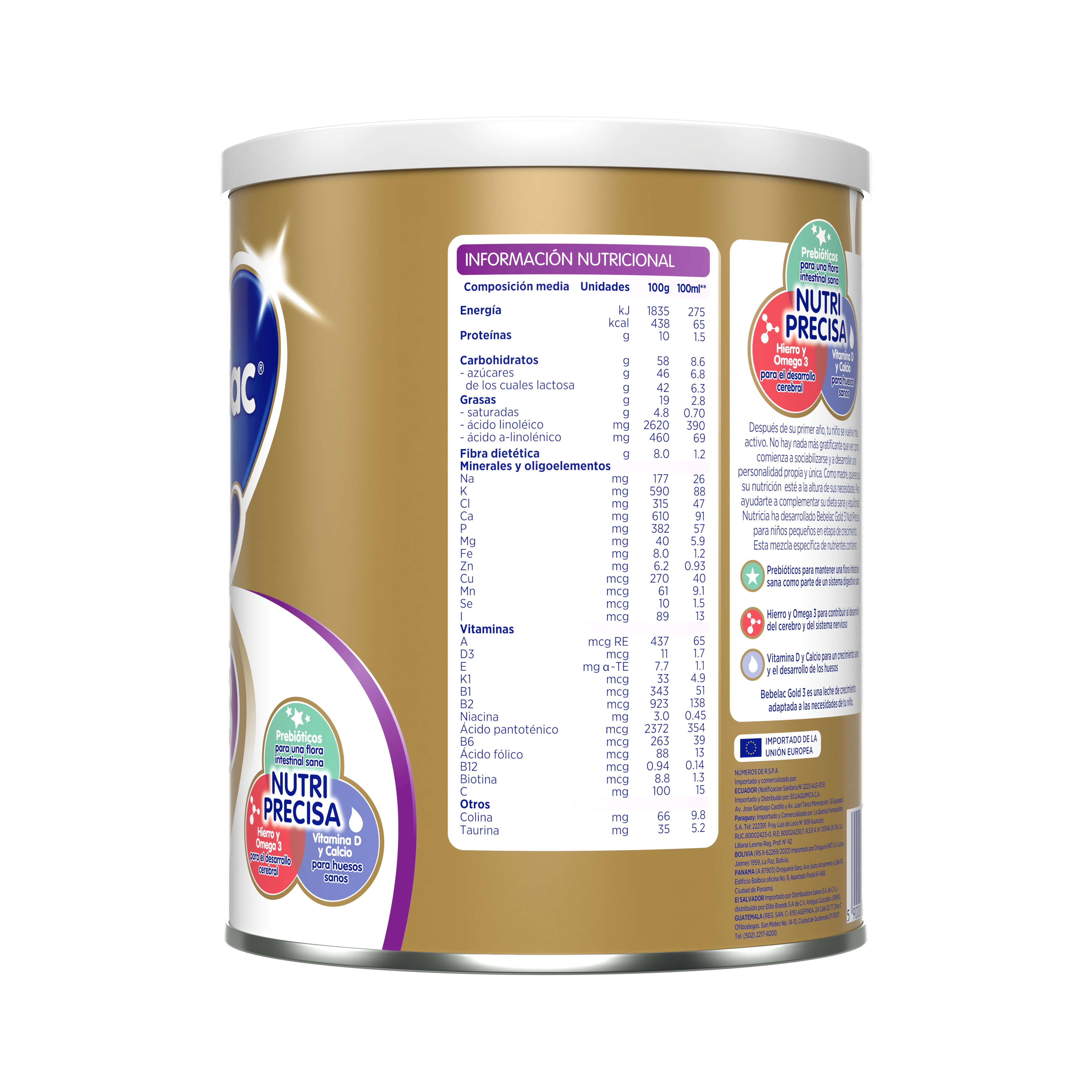 Bebelac Gold 3 Bebelac 3 fórmula láctea de crecimento polvo para niños desde 12 meses  envase amarillo morado 900g costado izquierdo - Bebeclub Ecuador