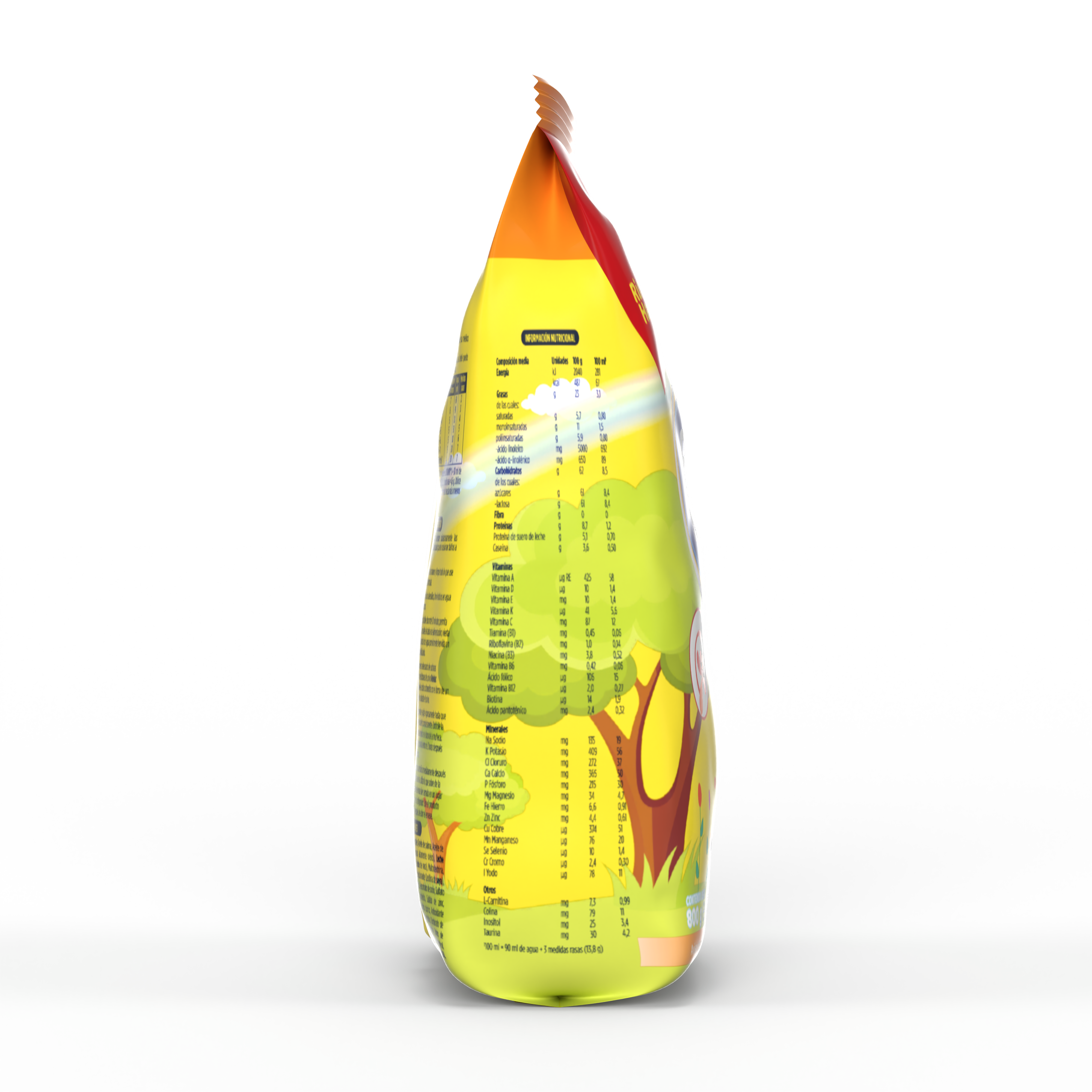 Bebelac NUTRIOPTI 1 fórmula infantil en polvo para bebés de 0 a 6 meses bolsa amarillo naranja 800 g costado derecho - Bebeclub Ecuador