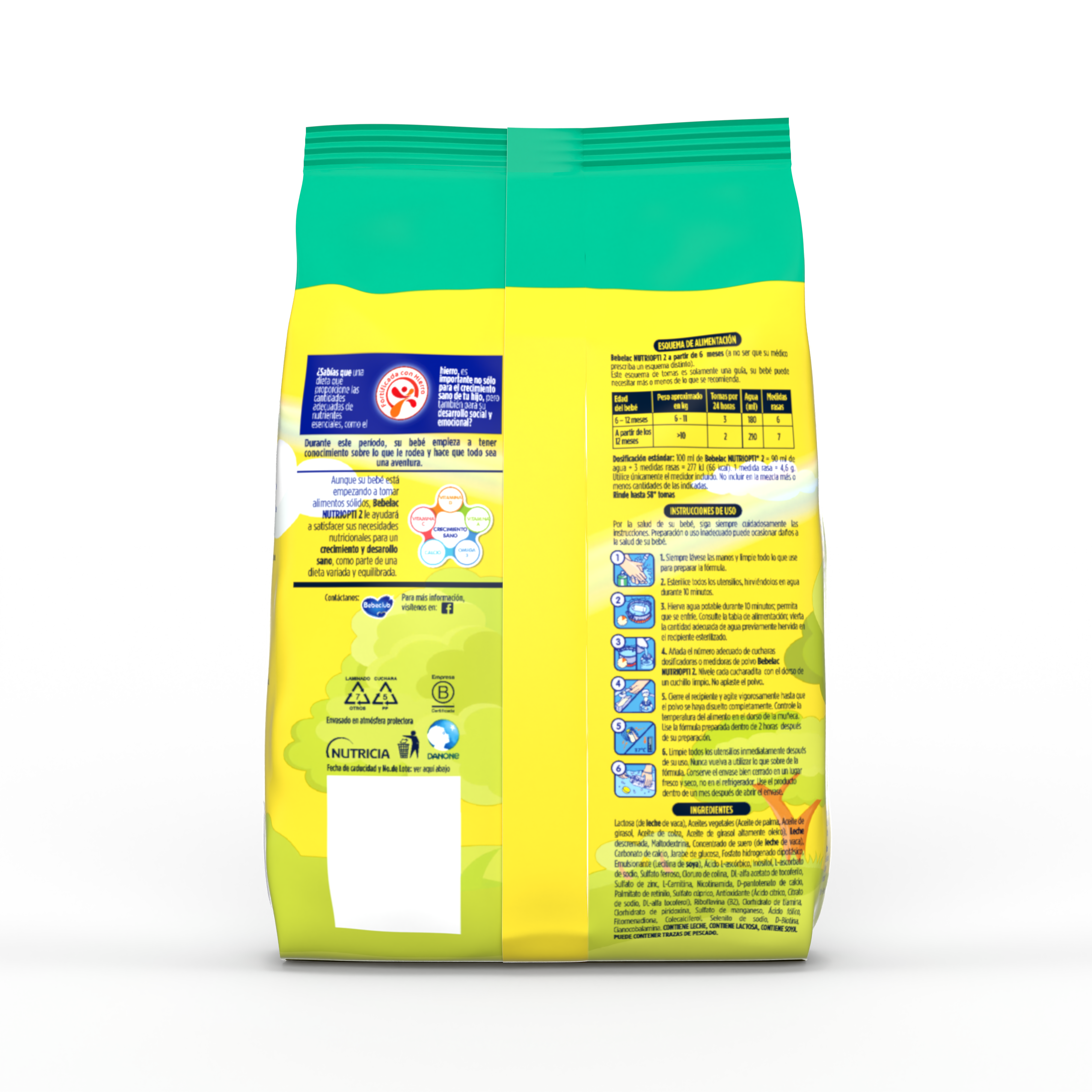 Bebelac NUTRIOPTI 2 fórmula de seguimiento en polvo para bebés a partir de 6 meses bolsa amarillo verde 800 g - Bebeclub Ecuador