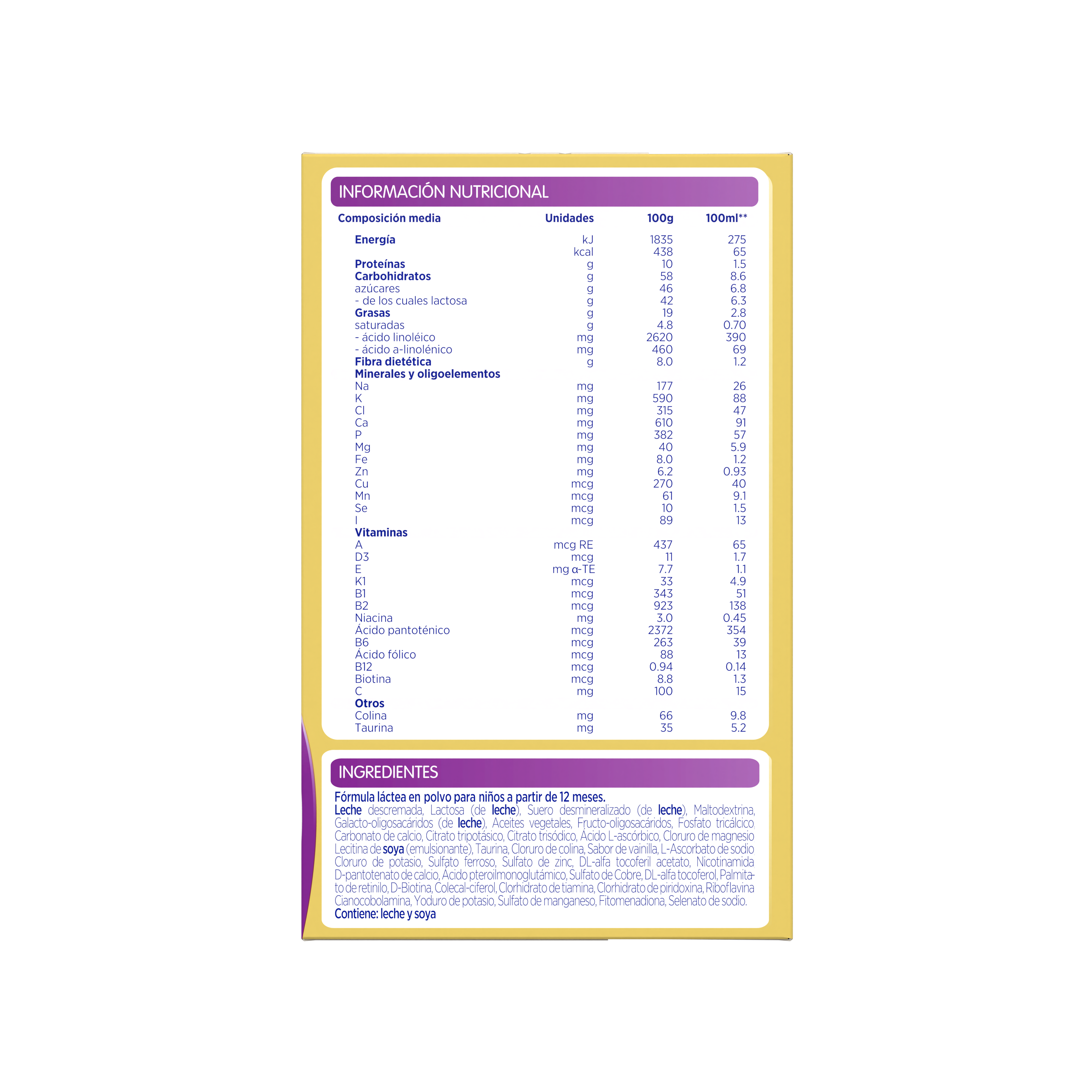 Bebelac Gold 3 Bebelac 3 fórmula láctea de crecimento polvo para niños desde 12 meses caja amarilla morado 1200g costado izquierdo - Bebeclub Panama