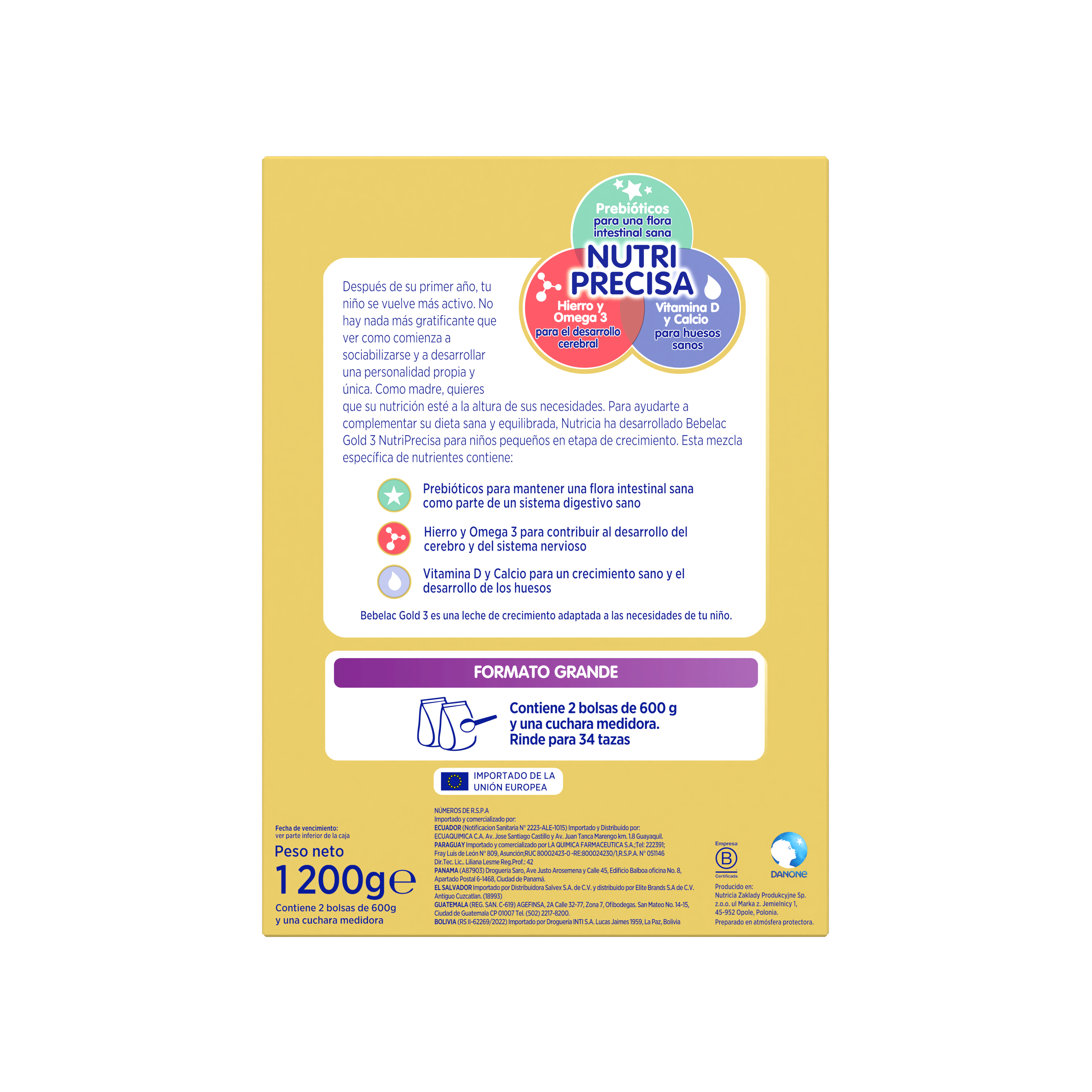 Bebelac Gold 3 Bebelac 3 fórmula láctea de crecimiento polvo para niños desde 12 meses caja amarilla morado 1200g  - Bebeclub Panama