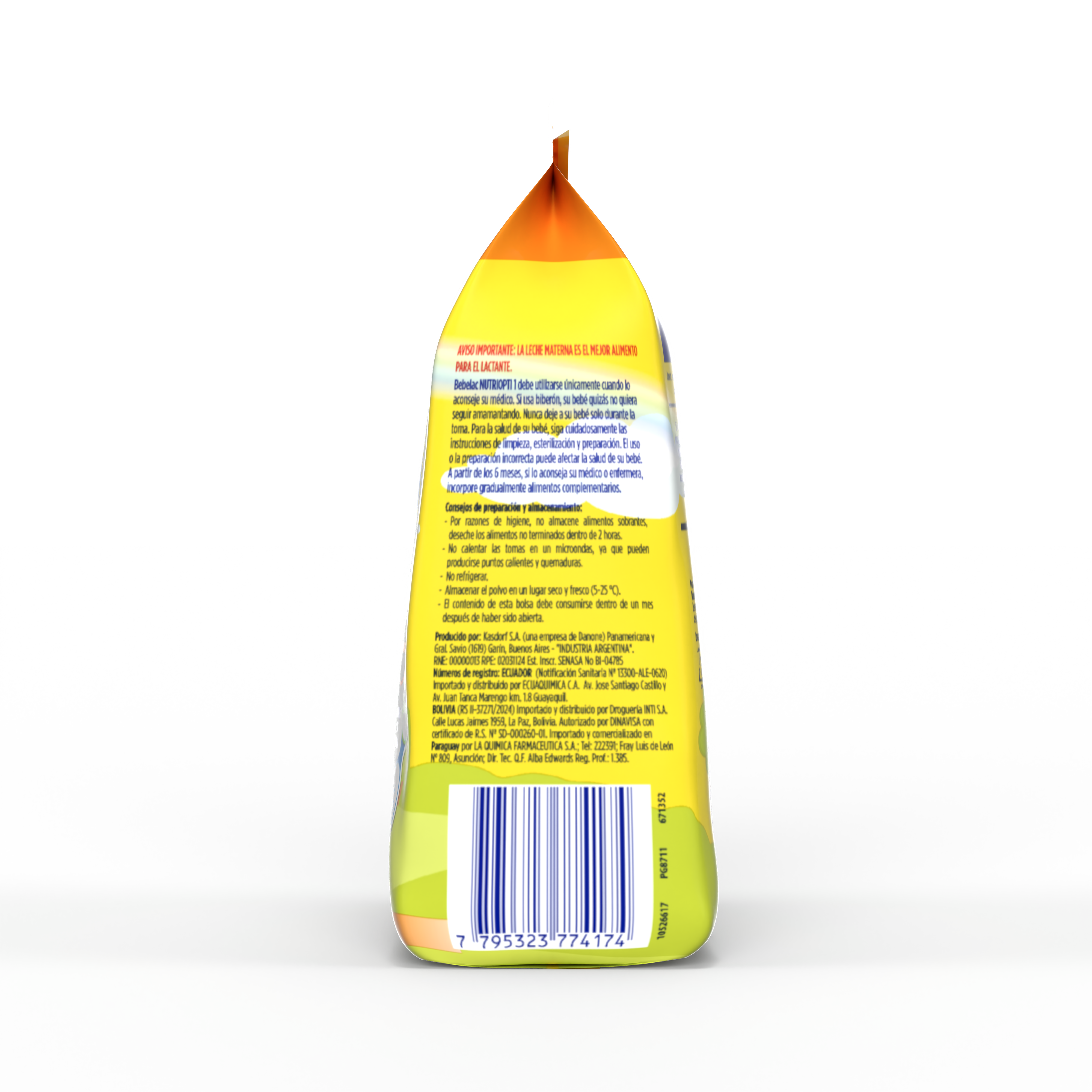 Bebelac NUTRIOPTI 1 fórmula infantil en polvo para bebés de 0 a 6 meses bolsa amarillo naranja 375 g costado izquierdo - Bebeclub Paraguay