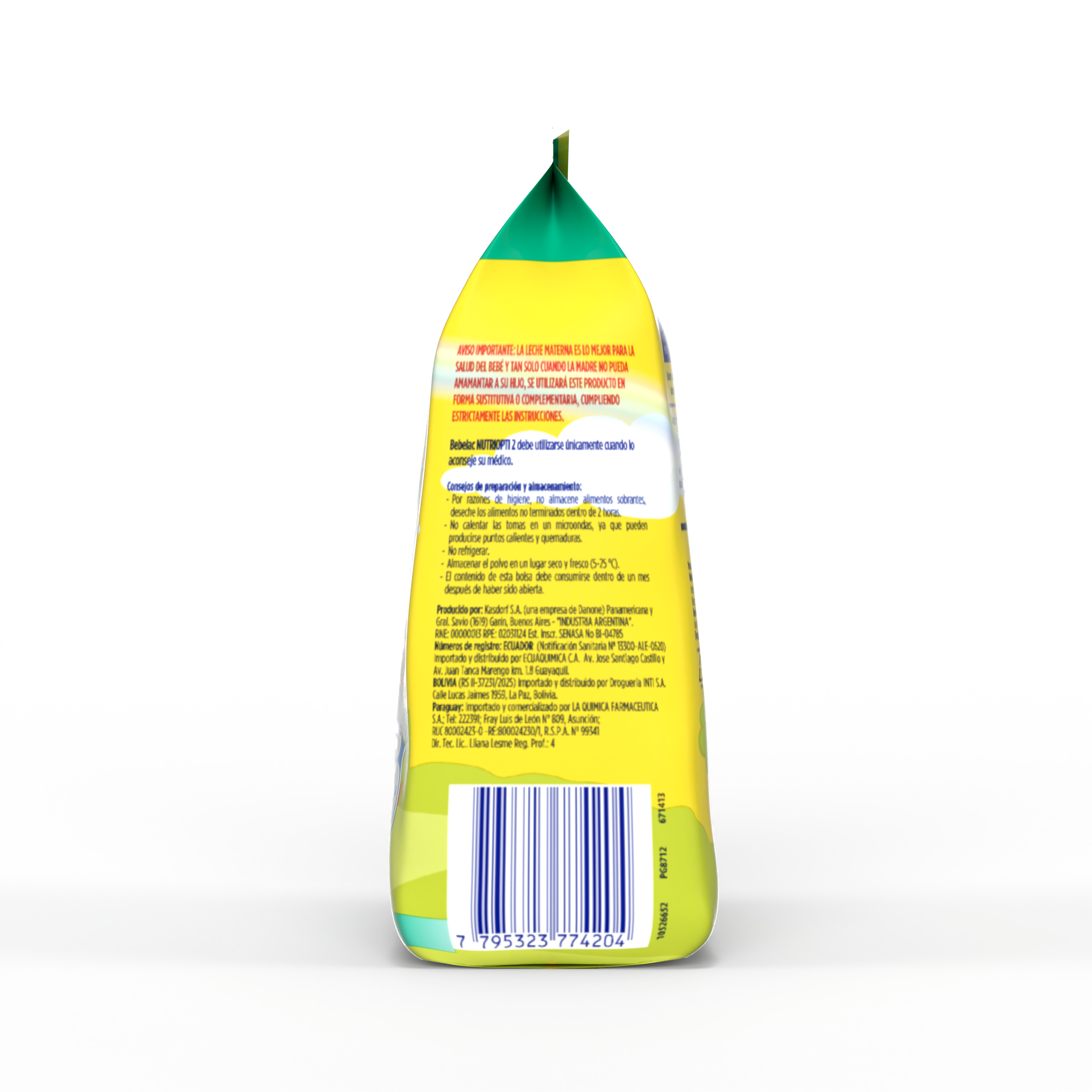 Bebelac NUTRIOPTI 2 fórmula de seguimiento en polvo para bebés a partir de 6 meses bolsa amarillo verde 375 g costado izquierdo - Bebeclub Paraguay