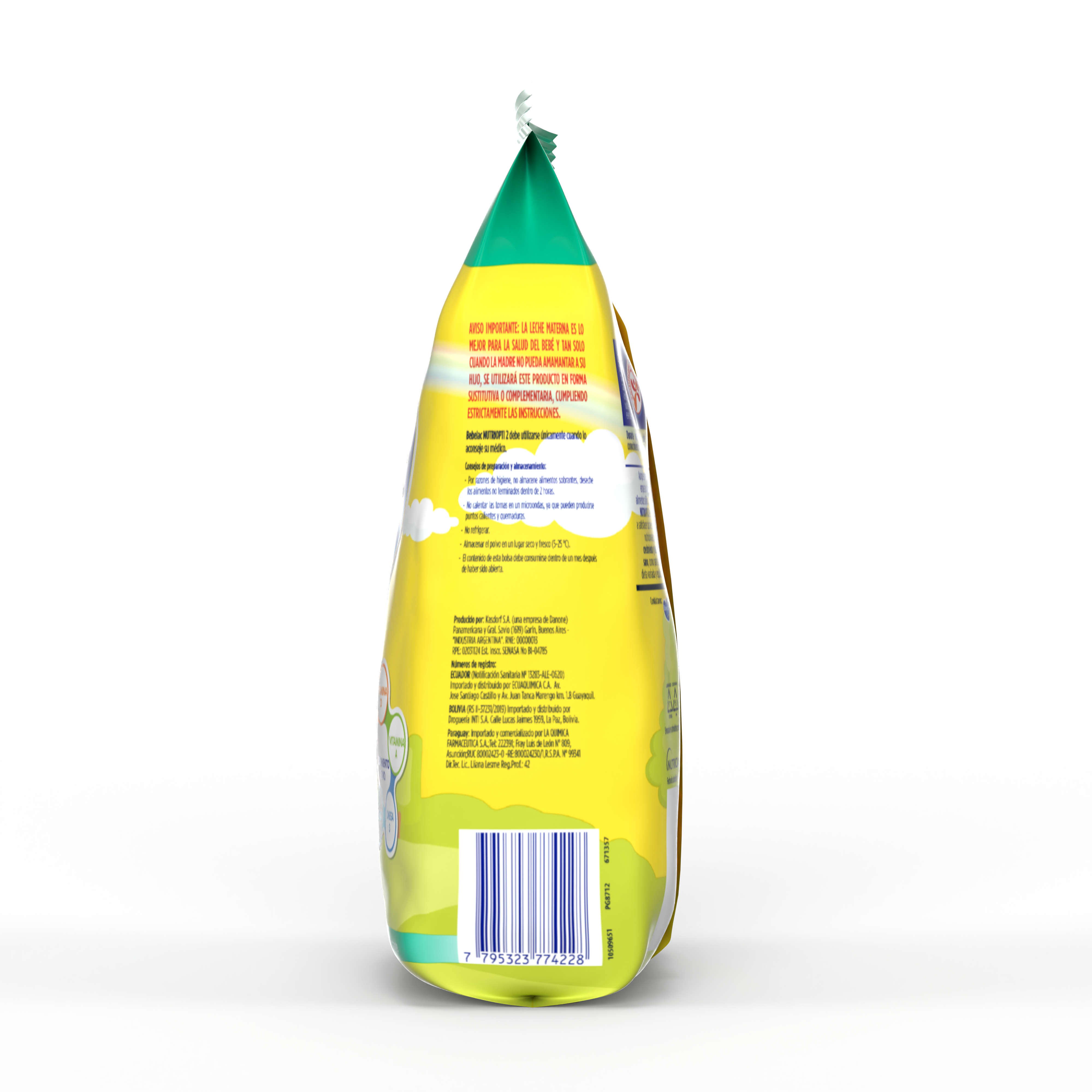 Bebelac NUTRIOPTI 2 fórmula de seguimiento en polvo para bebés a partir de 6 meses bolsa amarillo verde 800 g costado izquierdo - Bebeclub Paraguay